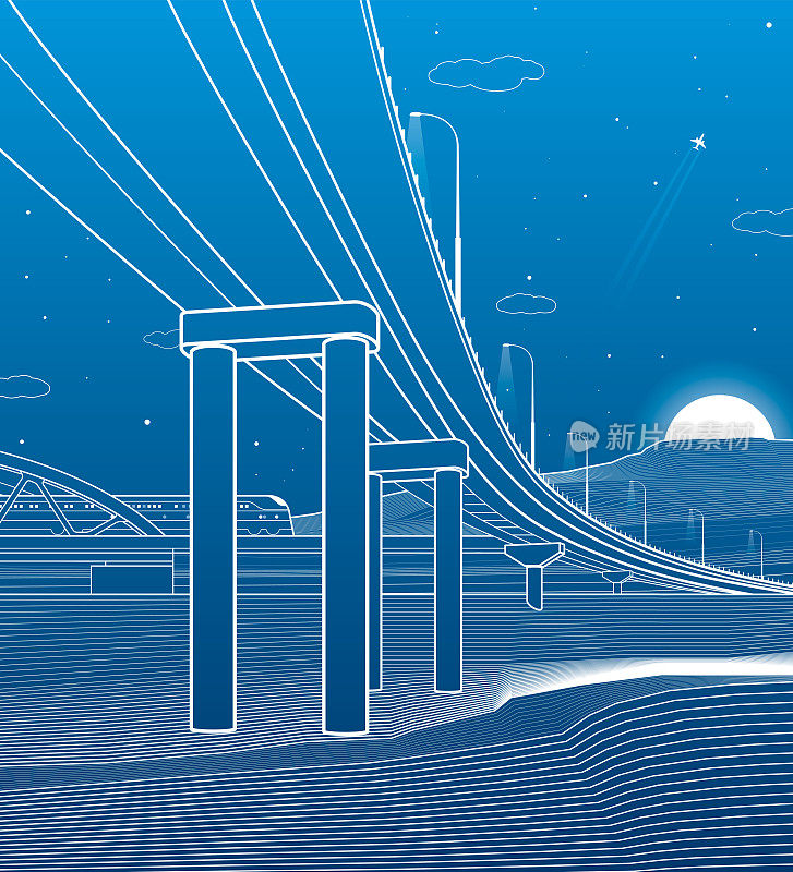 Outline road bridge. Car overpass. Train rides. Infrastructure illustration. Vector design art. White lines on blue background.